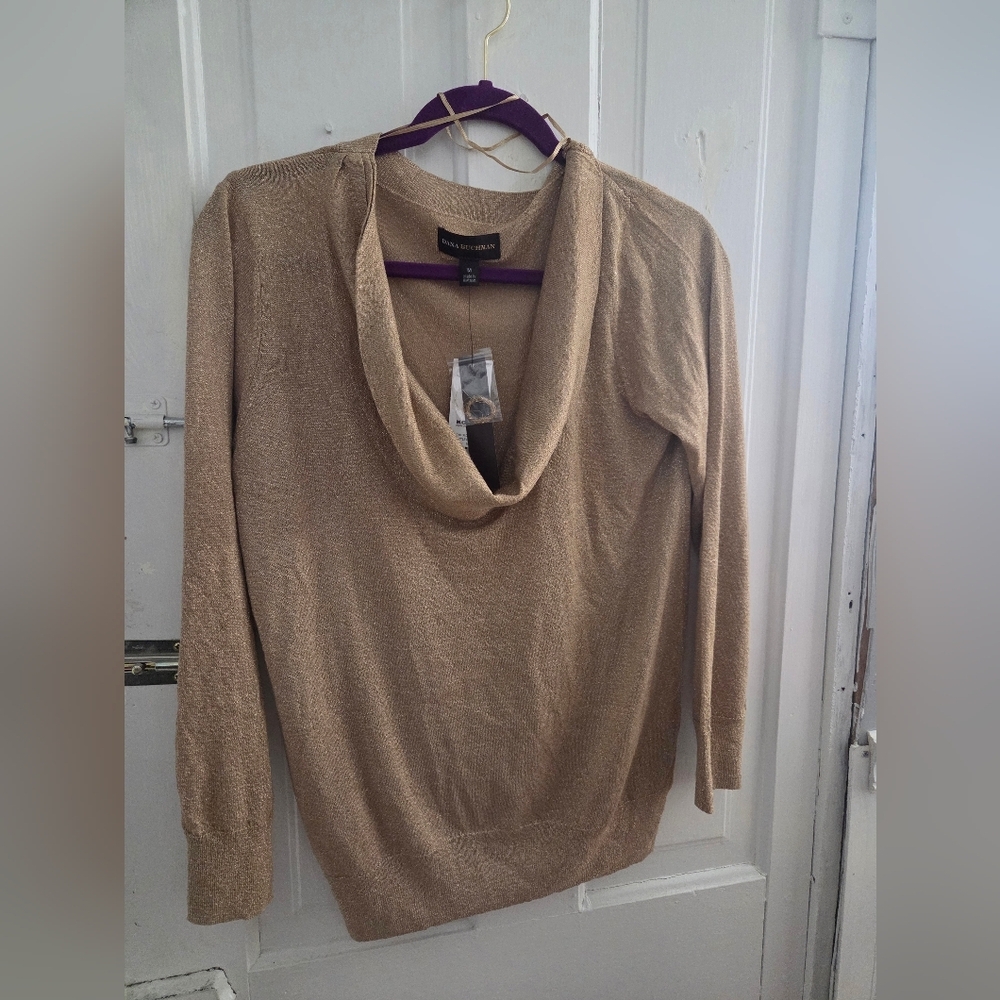 NWT Dana Buchman Gold Glittery Cowl Neck See Thru Sweater In Size Medium